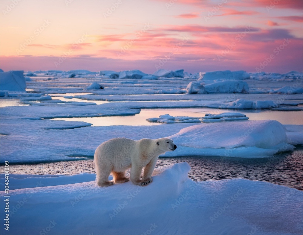 Polar bear with her cub walking on Arctic tundra at sunset,digital oil painting Polar bear with her cub walking on Arctic tundra at sunset,digital oil painting
