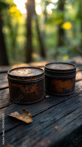 Two rusty metal containers on a wooden table with a blurred green background.