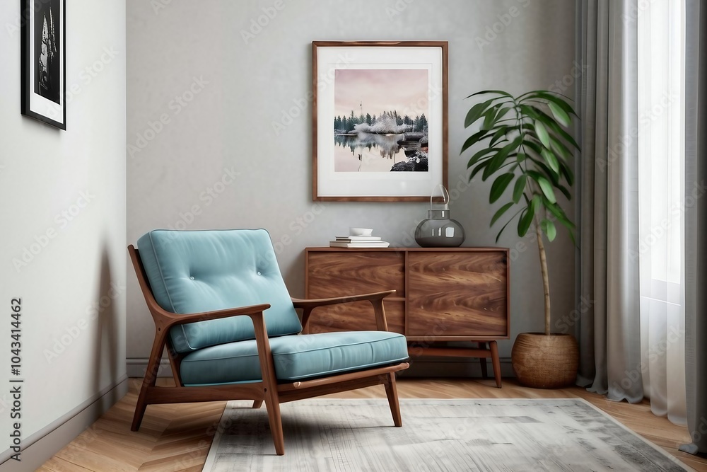 Scandinavian living room focusing on a lounge chair at the corner with decor in a wooden accent. Scandinavian living room focusing on a lounge chair at the corner with decor in a wooden accent.