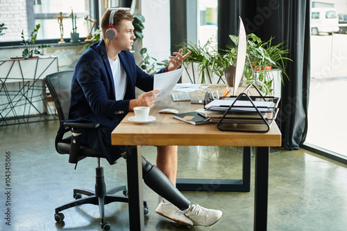 A professional man with a prosthetic leg actively participates in a business meeting from his office. photo