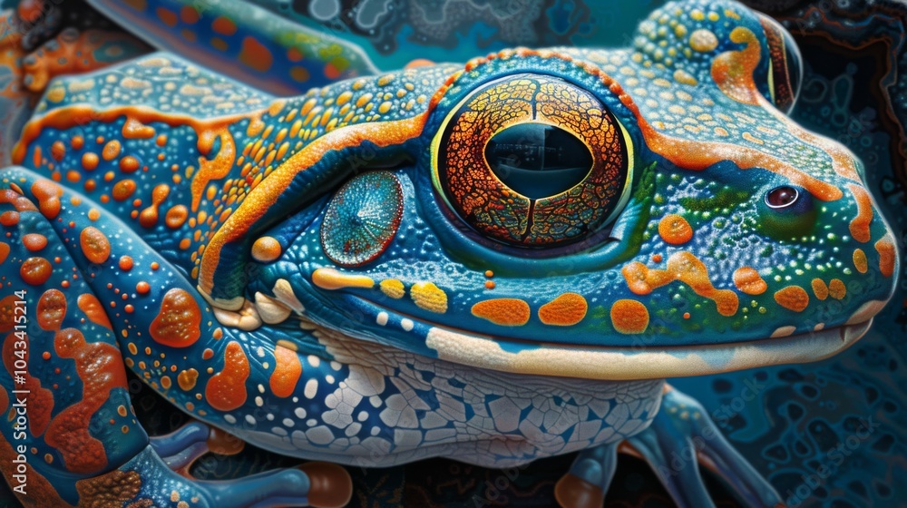 Naklejka premium Four frogs perched on vibrant green leaves, highlighting a striking bright orange frog among them. Nature diversity concept