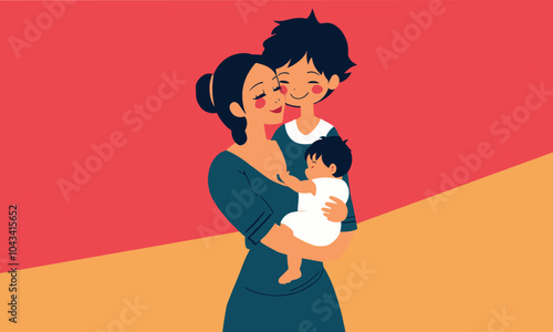 The Sweetest Form of Mother's Love: The Baby Standing in the Arms of a Mother Who Loves Her Baby and her son standing next to her. Vector greeting design for 