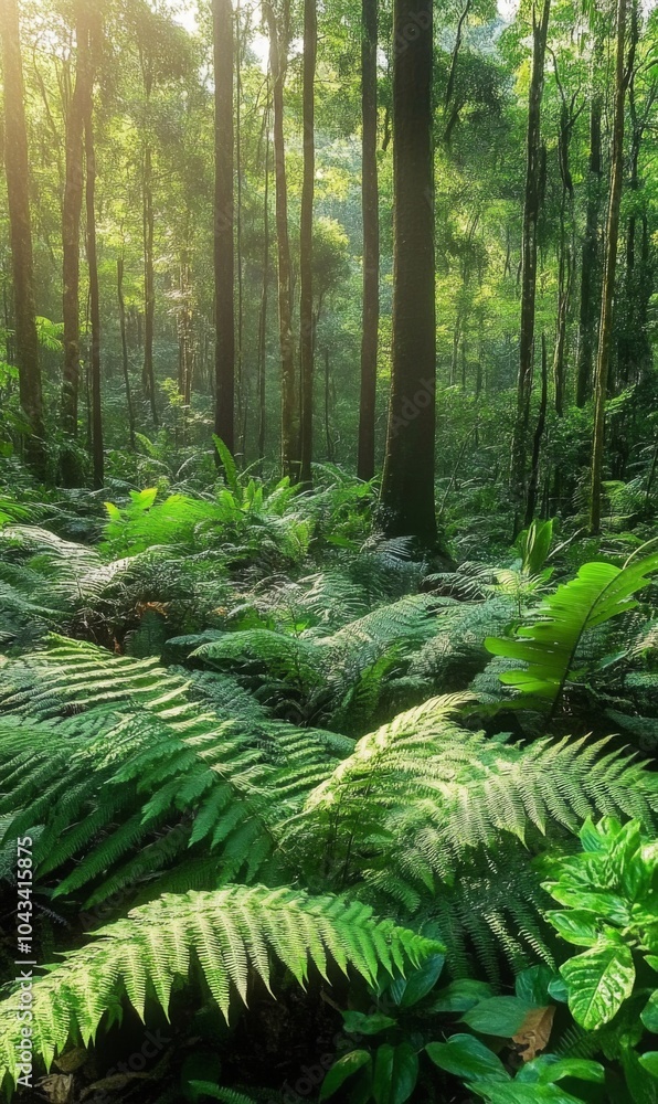 Dense lush green ferns covering the ground in a tropical rainforest, natural shadows and soft lighting Dense lush green ferns covering the ground in a tropical rainforest, natural shadows and soft lighting