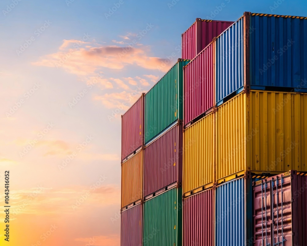 Fototapeta premium Colorful shipping containers stacked against a sunset backdrop, creating a vibrant industrial scene.