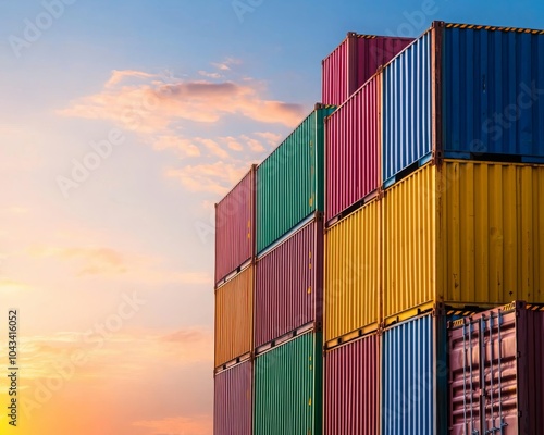 Colorful shipping containers stacked against a sunset backdrop, creating a vibrant industrial scene.