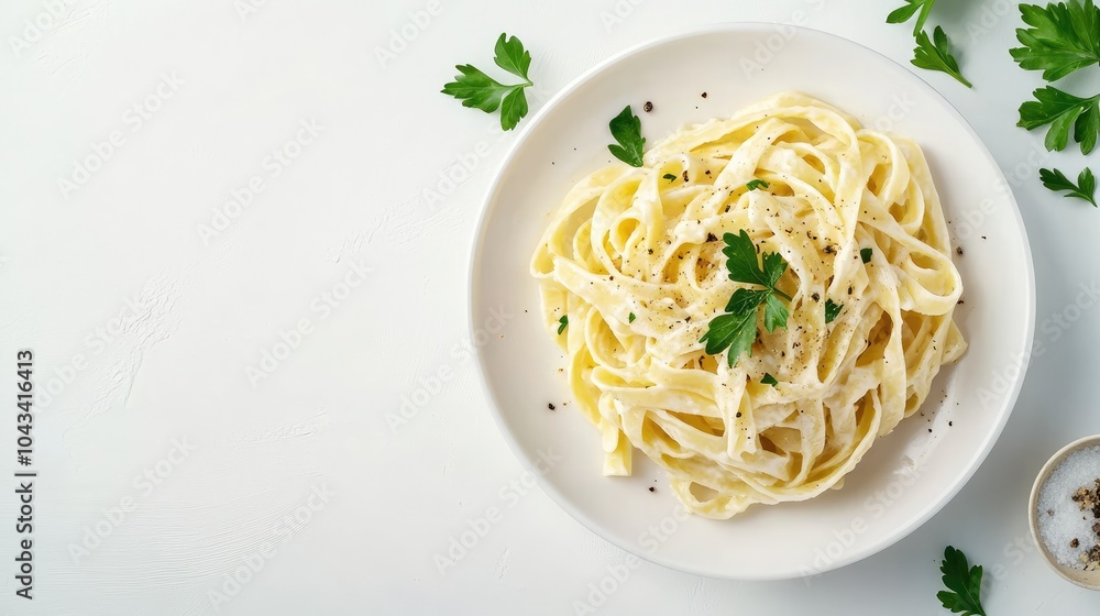 A top-down view of a delicious fettuccine alfredo dish, garnished with fresh herbs, presented on a clean white background for a simple, elegant look. A top-down view of a delicious fettuccine alfredo dish, garnished with fresh herbs, presented on a clean white background for a simple, elegant look.