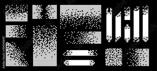 Pixel disintegration color backgrounds. Decay effect. Dispersed dotted pattern. Concept of disintegration, pixel mosaic textures with simple square particles.