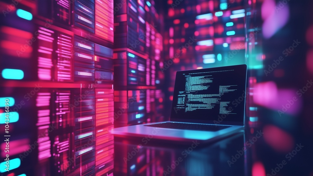 Obraz premium Big Database concept.Laptop and file cabindigital lights and screens, showcasing technology, communication, and the bustling energy of urban life
