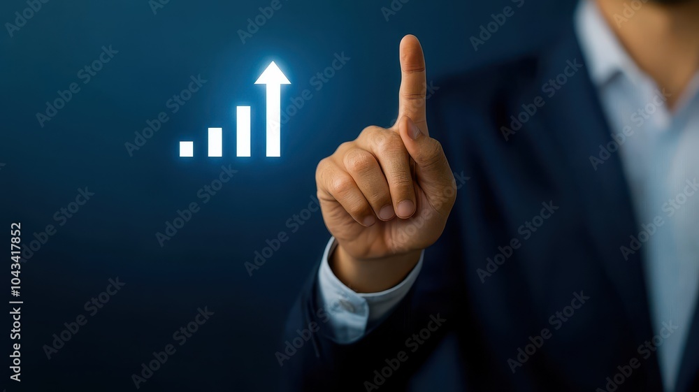 Businessman gesturing upward with a finger, indicating growth and success, moody background. Businessman gesturing upward with a finger, indicating growth and success, moody background.