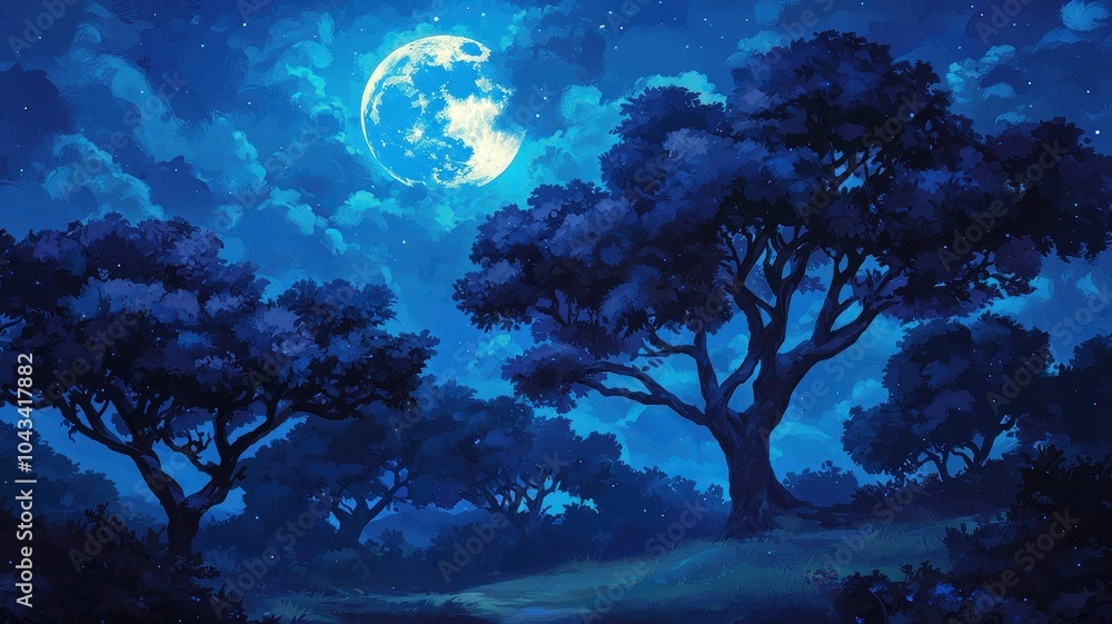 A serene night scene featuring silhouetted trees under a glowing full moon amidst a starry blue sky. A serene night scene featuring silhouetted trees under a glowing full moon amidst a starry blue sky.