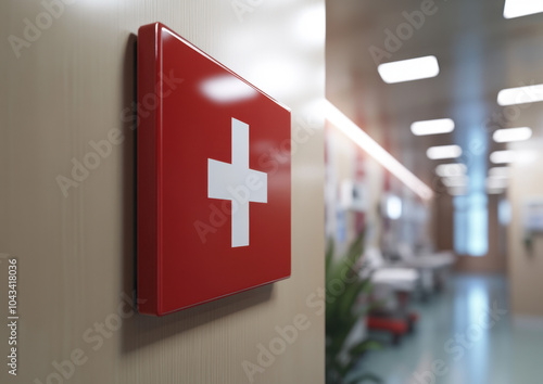 3d, render, first, aid, sign, wall, emergency, room, lights, medical, equipment, background, blur, healthcare, safety, hospital, signage, patient, assistance, icon, support, design, interior, room, ar photo