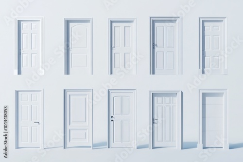 Variety of White Doors Against a Simple Background photo