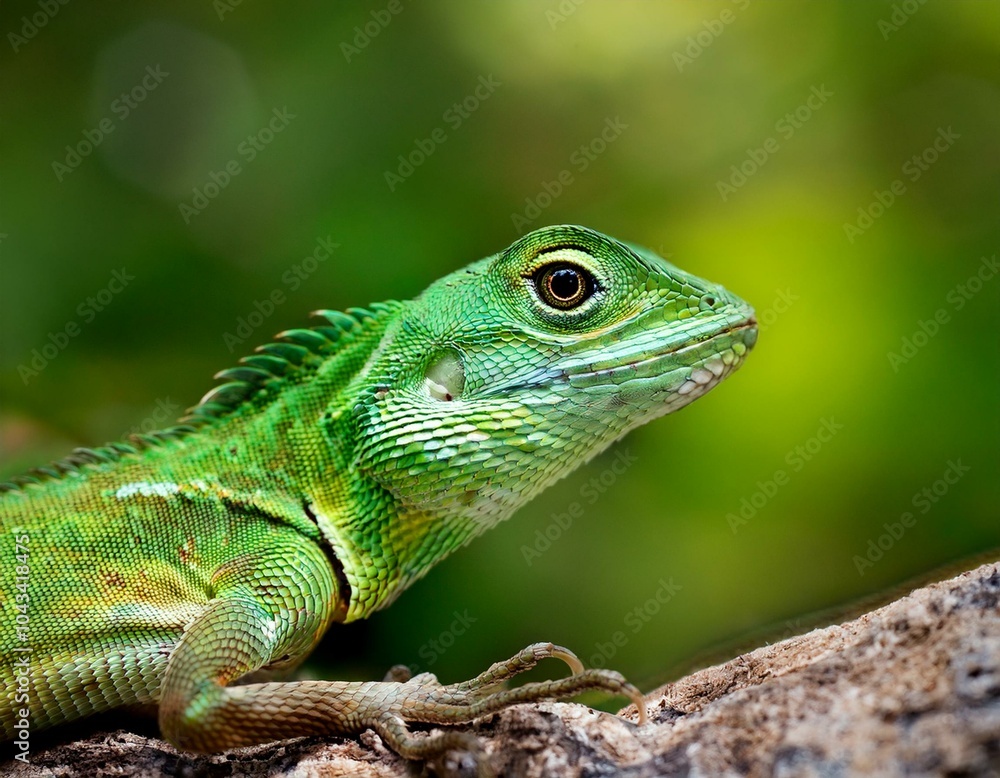 Close view of a common green forest lizard Close view of a common green forest lizard