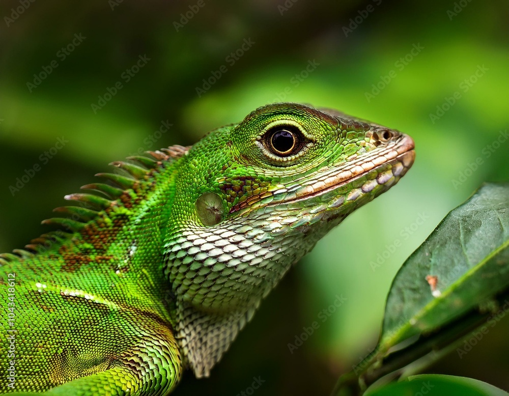 Fototapeta premium Close view of a common green forest lizard