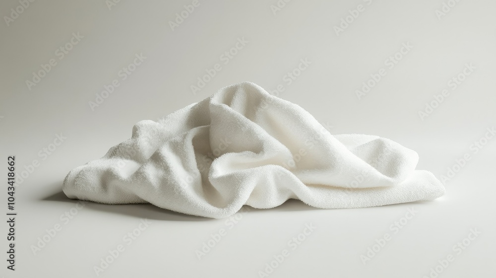 A white towel displayed in a side view, crumpled and soft, set against a neutral background, highlighting its elegant simplicity for home or hospitality settings A white towel displayed in a side view, crumpled and soft, set against a neutral background, highlighting its elegant simplicity for home or hospitality settings