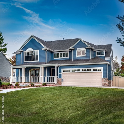 Front view of a brand new construction house with blue siding, a ranch style home with a yard