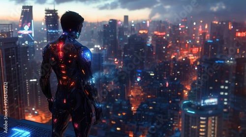 A superhero in a high-tech suit equipped with various gadgets and glowing elements, standing on a rooftop overlooking a city.