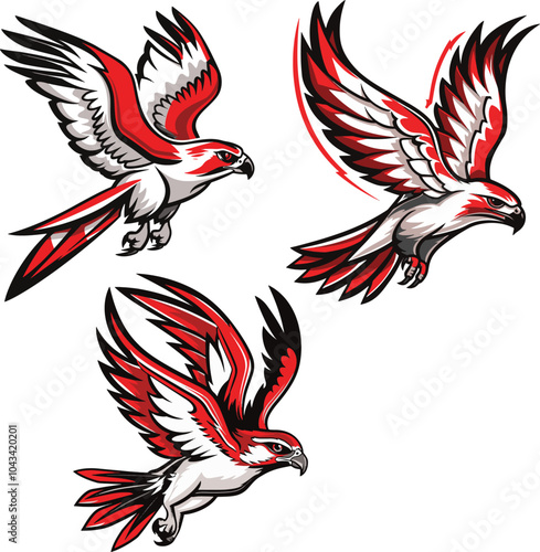 Red, black and white eagle, sports logo, raptor, bird, fly, design, illustration, vector, symbol, bird.