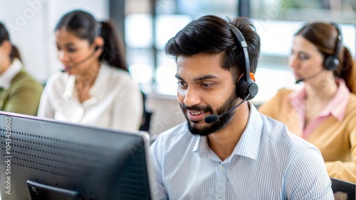 An Indian customer support specialist providing assistance to clients via phone in a busy call center.
 photo