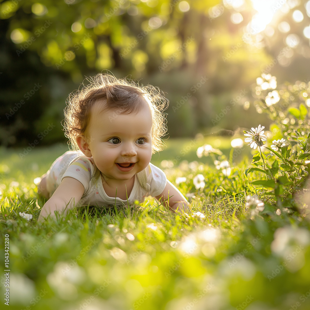 Baby crawling on grass surrounded by colorful balls in sunlight Baby crawling on grass surrounded by colorful balls in sunlight