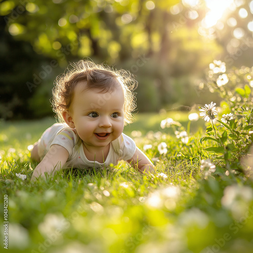Baby crawling on grass surrounded by colorful balls in sunlight