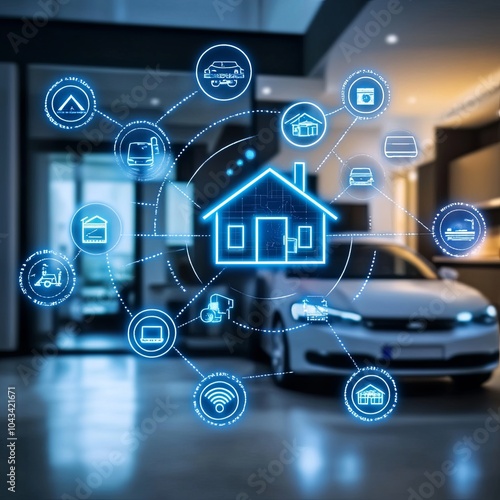 IOT virtual screen interface. Internet of Things or IOT technology concept, with icons of typical IoT. Intelligent house, car, cloud computing, network system, shopping.