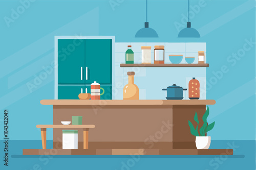 A vibrant kitchen with light blue decor, green fridge, stove with teapot, and cluttered countertop. Lined glasses, stocked shelves, central table, and lamps for extra lighting.