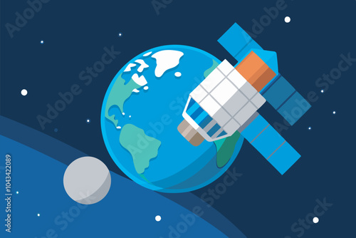 An illustration shows a satellite orbiting Earth near the Moon in a space-themed setting with stars. The image is framed for a polished look.
