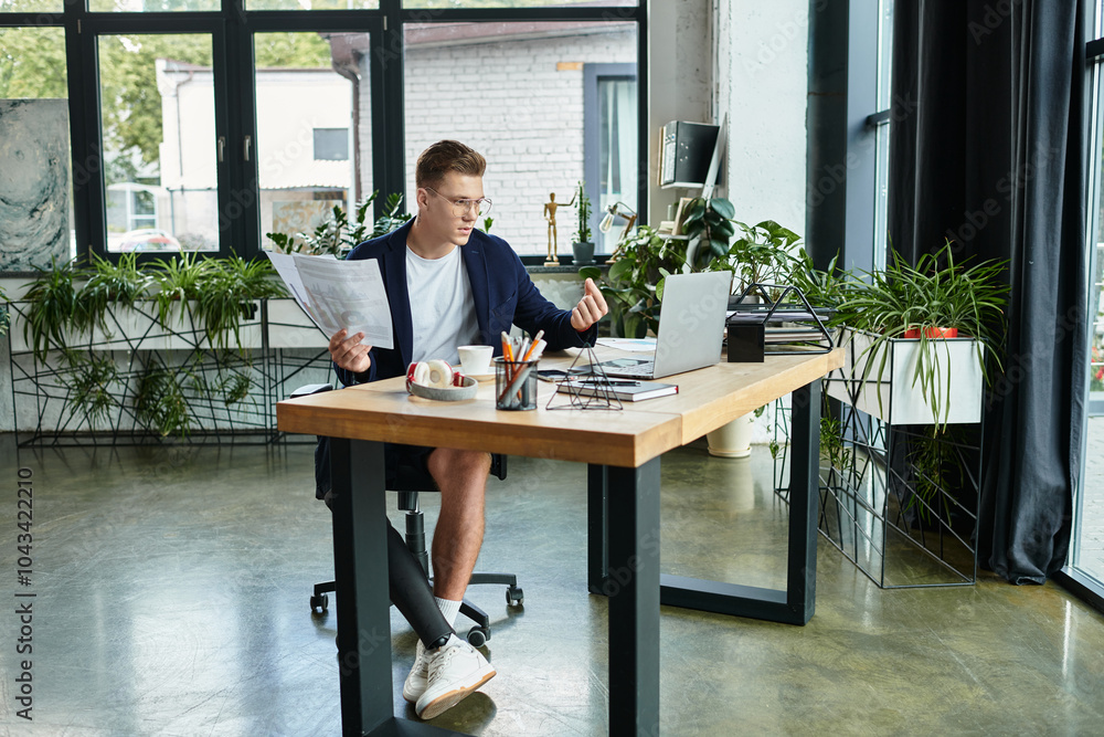 A young professional with a prosthetic limb focuses on tasks at a stylish office, embracing workplace diversity. A young professional with a prosthetic limb focuses on tasks at a stylish office, embracing workplace diversity.