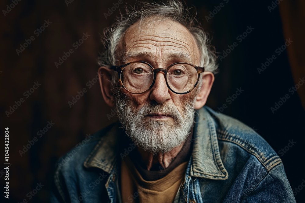 Obraz premium Portrait of a mature Caucasian male with glasses and beard wearing a denim jacket, looking directly at the camera, illustrating aging, wisdom, and life experience.