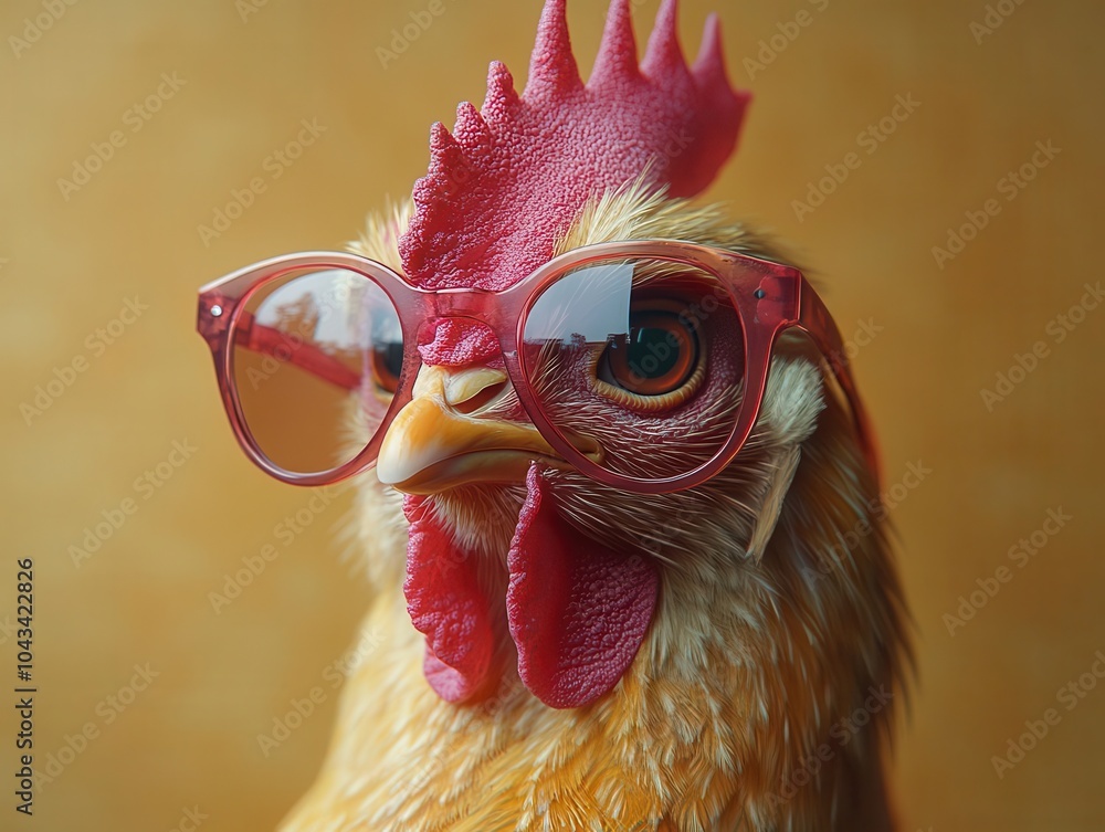 surreal concept featuring a chicken hen wearing sunglasses against a solid pastel background, blending humor and creativity in a playful and imaginative way