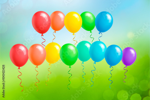 Bunte Luftballons vor blau und grün