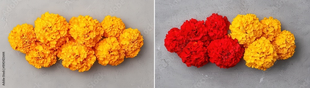Two clusters of marigold flowers, one in vibrant yellow and the other in bold red, displayed against a neutral background. Two clusters of marigold flowers, one in vibrant yellow and the other in bold red, displayed against a neutral background.