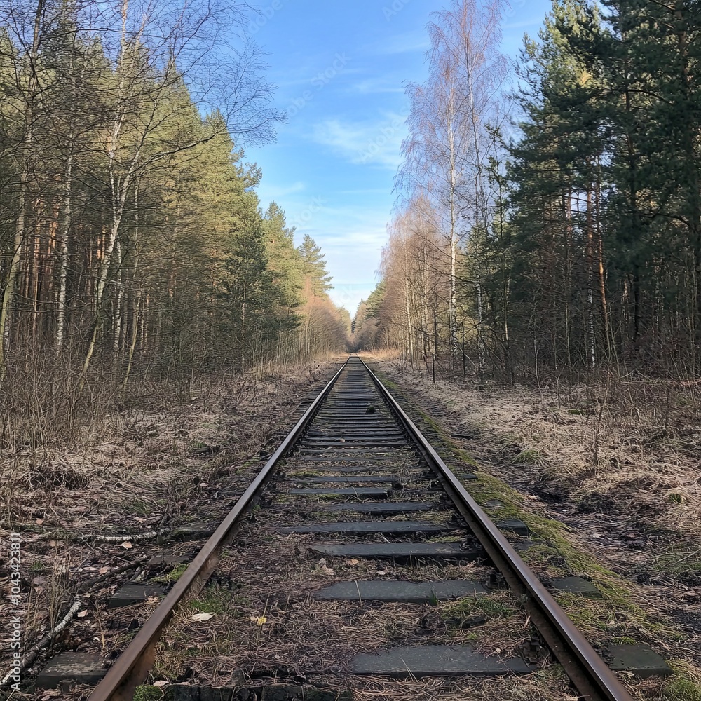 Looking down a straight old railway line though a forest. Looking down a straight old railway line though a forest.