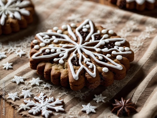 Beautifully decorated Christmas cookies with snowflake designs, placed on a striped cloth on a wooden table.

 photo