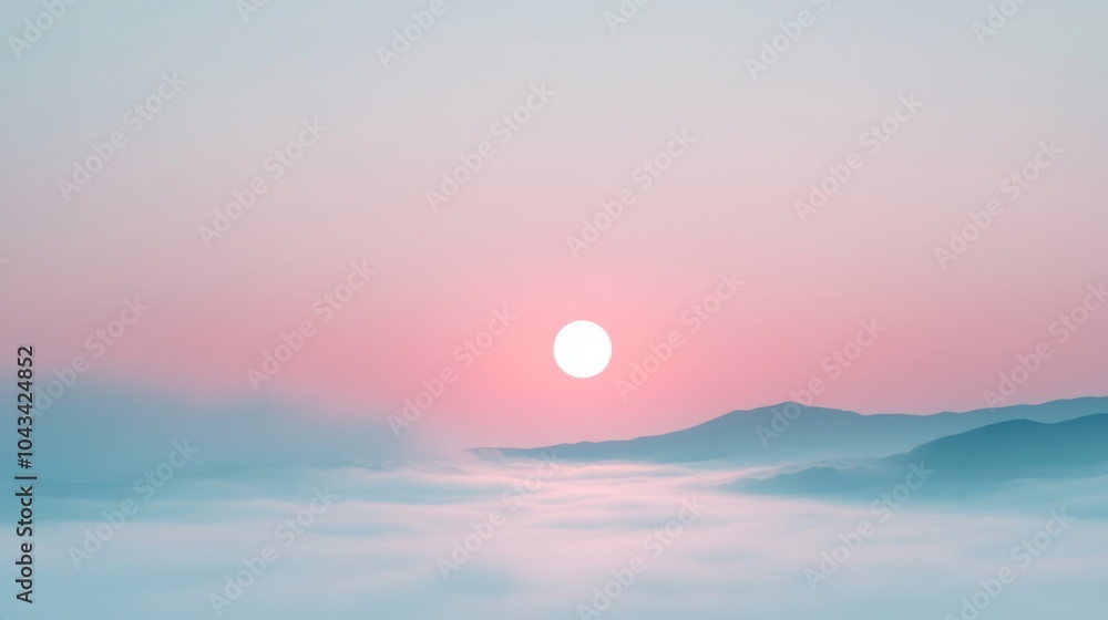 A breathtaking sunrise over a misty mountain range, with soft, pastel hues filling the sky. The sun is a bright white circle, casting a golden glow over the landscape. A breathtaking sunrise over a misty mountain range, with soft, pastel hues filling the sky. The sun is a bright white circle, casting a golden glow over the landscape.