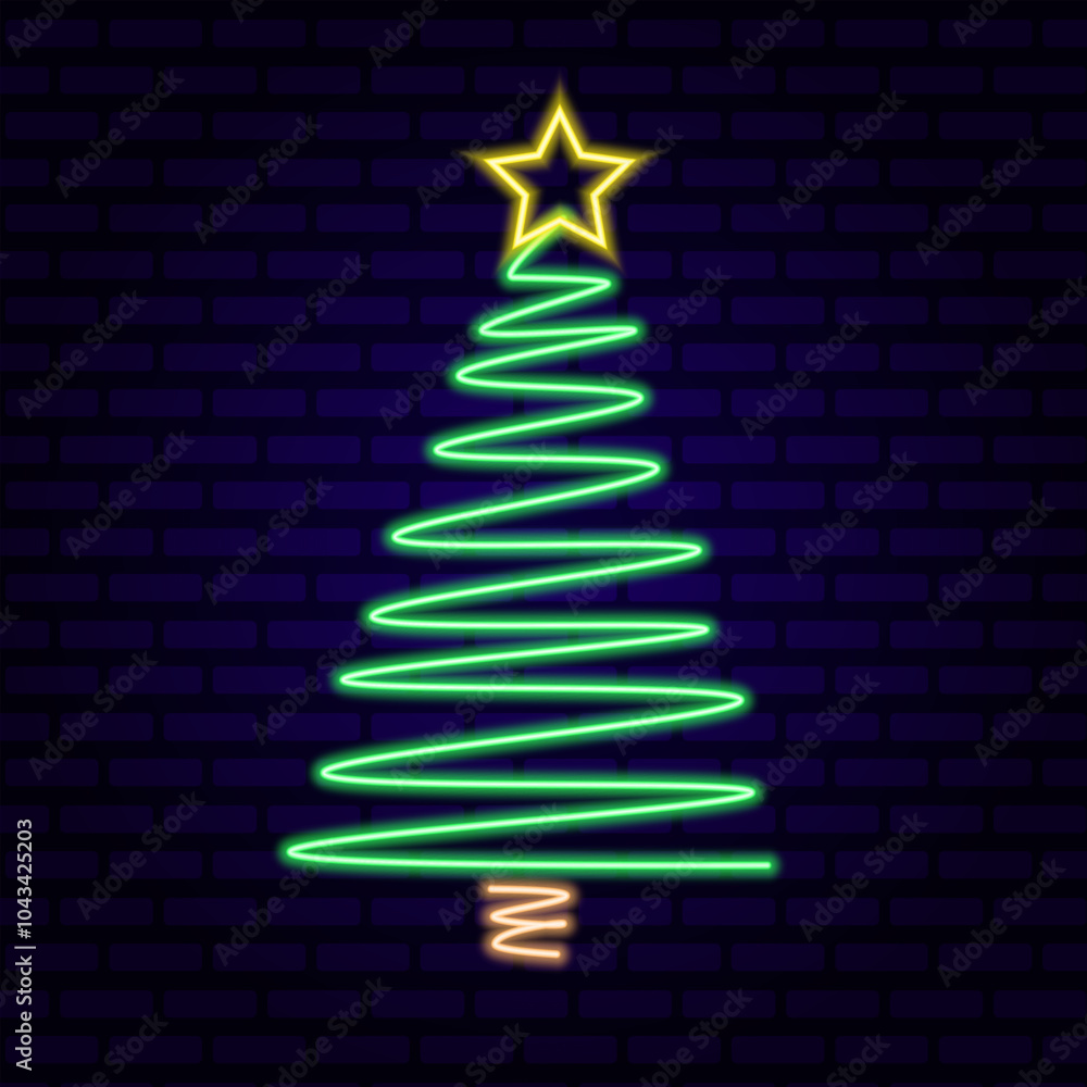 neon green curved Christmas tree with star icon New Year's neon green curved Christmas tree with star icon New Year's
