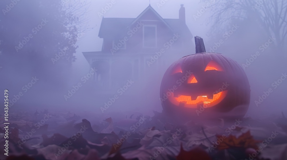 Naklejka premium Halloween photo wallpaper. Atmospheric poster for Halloween. Gloomy foggy cemetery, holiday attribute.