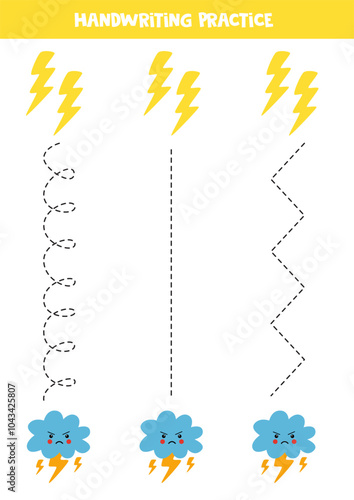 Tracing lines for kids. Cartoon stormy cloud and lightnings. Handwriting practice.