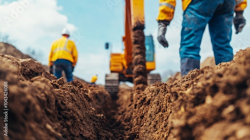 Workers in safety gear operate machinery, digging a trench in a construction site under a clear sky.