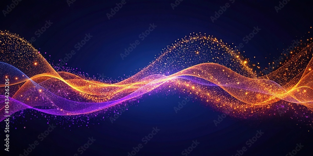 Abstract wave pattern with violet and orange glowing particles on dark blue background Abstract wave pattern with violet and orange glowing particles on dark blue background