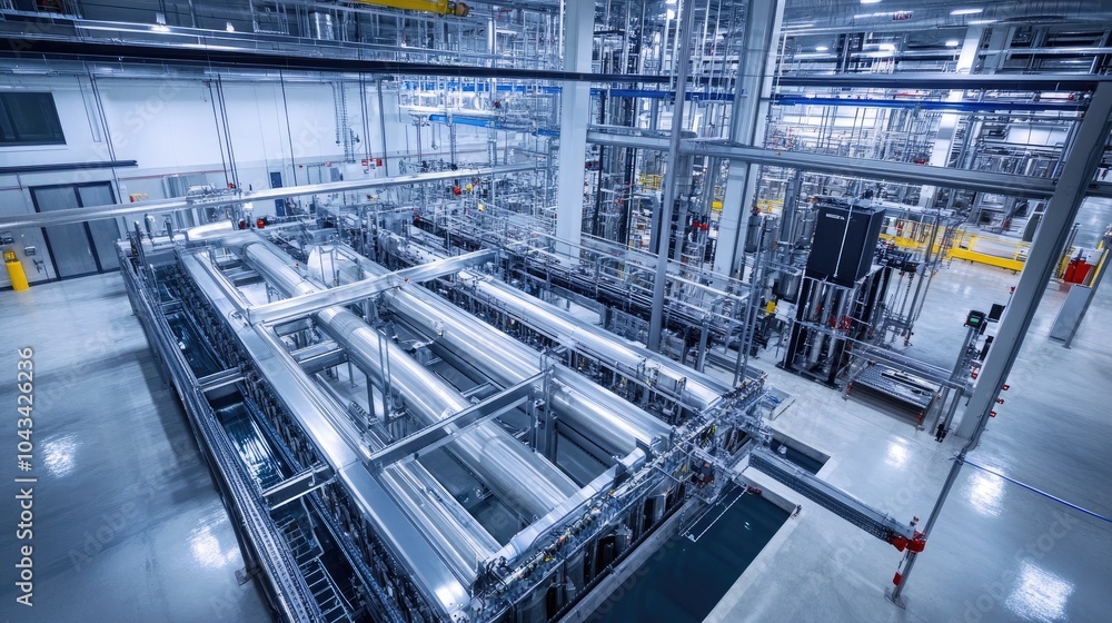 High-tech assembly of smart irrigation systems inside a large facility, showcasing precision technology for efficient water management. High-tech assembly of smart irrigation systems inside a large facility, showcasing precision technology for efficient water management.