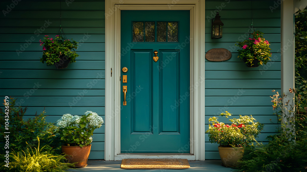 Fototapeta premium Vibrant Green Front Door of a Cozy Neighborhood House Surrounded by Lush Greenery