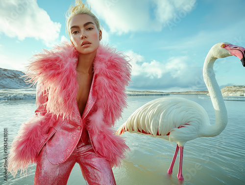 Striking image of a model in a pink fur-trimmed suit standing by a flamingo in a serene waterscape. Bold fashion meets nature in a harmonious composition.