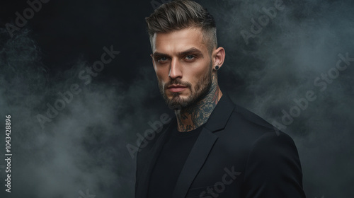 Tattooed short-haired male model in black t-shirt and blazer enveloped by fog with a tough look