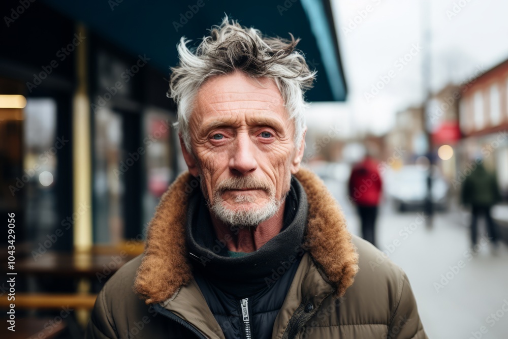 Portrait of a senior man with grey hair and beard in a city street. Portrait of a senior man with grey hair and beard in a city street.