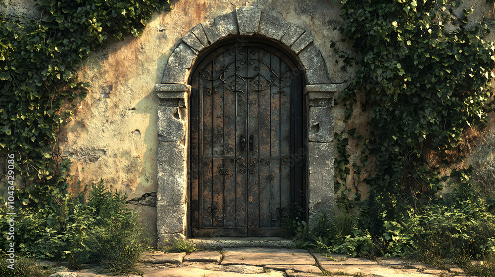 Weathered Stone Doorway Framed by Wrought Iron Gate in Rustic Setting Weathered Stone Doorway Framed by Wrought Iron Gate in Rustic Setting