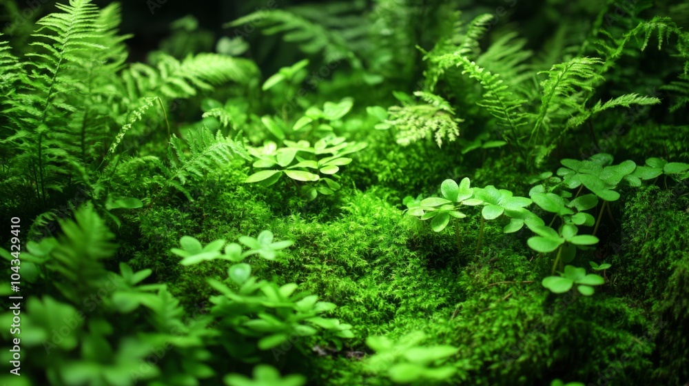 Close-up of a bed of dark green moss and ferns, minimal sunlight filtering through, rich textures and details Close-up of a bed of dark green moss and ferns, minimal sunlight filtering through, rich textures and details