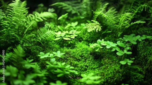 Close-up of a bed of dark green moss and ferns, minimal sunlight filtering through, rich textures and details