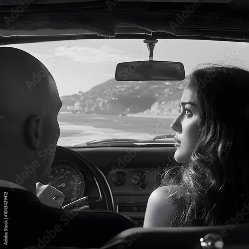 A male driver with a bald head drove a female novelist with long hair on the beautiful coast of California